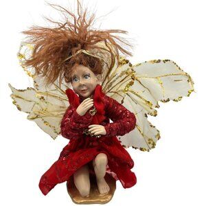 Elf Figurine Red Dress Gold Wings Fairy Pixie Fantasy Signed 12"  Real Eye lashe